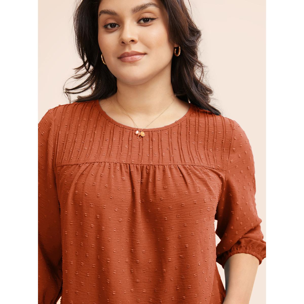 Plus Size Rust Texture Round Neck Pleated Lantern Sleeve Blouse Women Elegant Elbow-length sleeve Round Neck Everyday Blouses BloomChic 14-16/1X Product Image