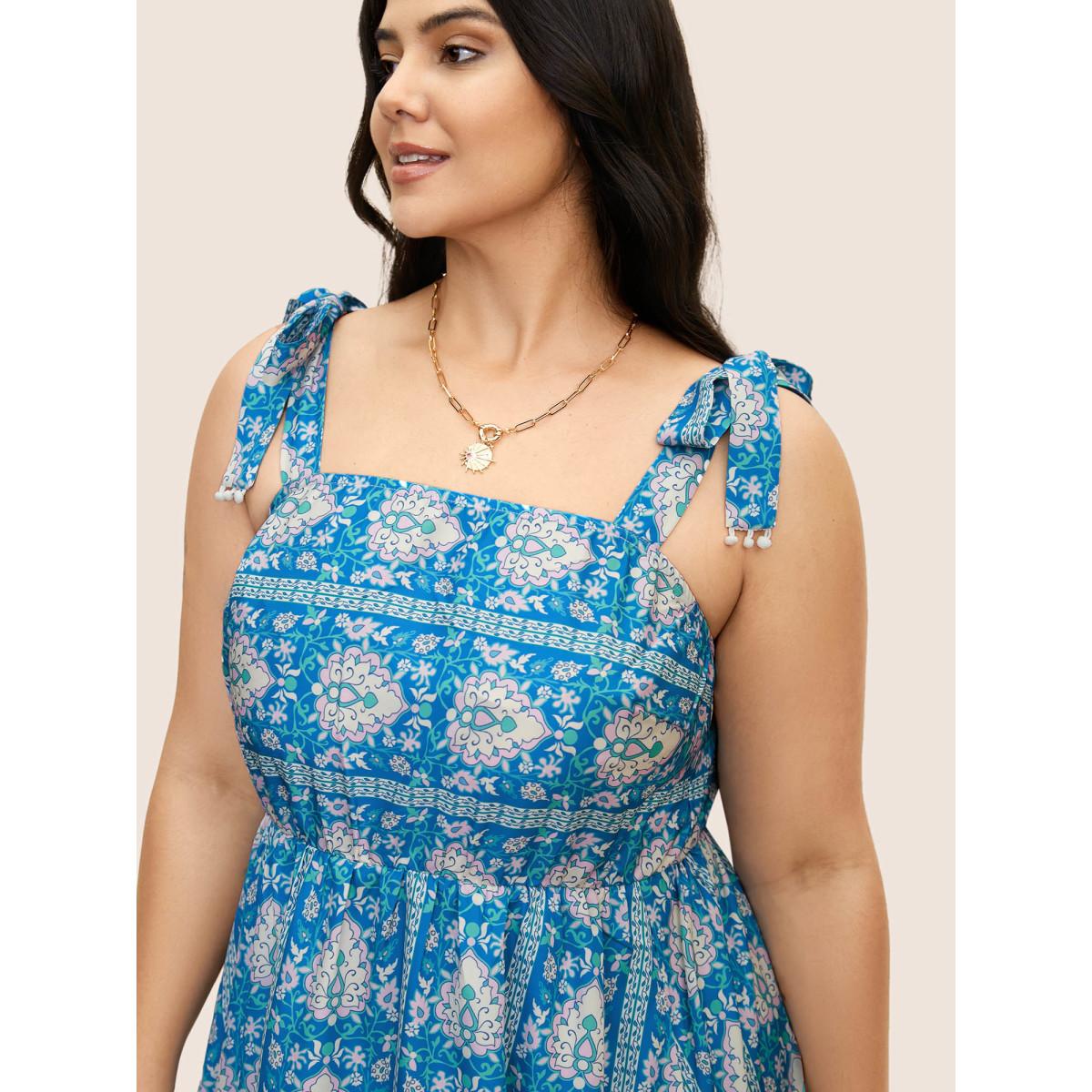 Plus Size Boho Print Tie Knot Pompom Trim Dress Cerulean Women Resort Woven ribbon&lace trim One-shoulder neck Sleeveless Curvy BloomChic 14-16/1X Product Image
