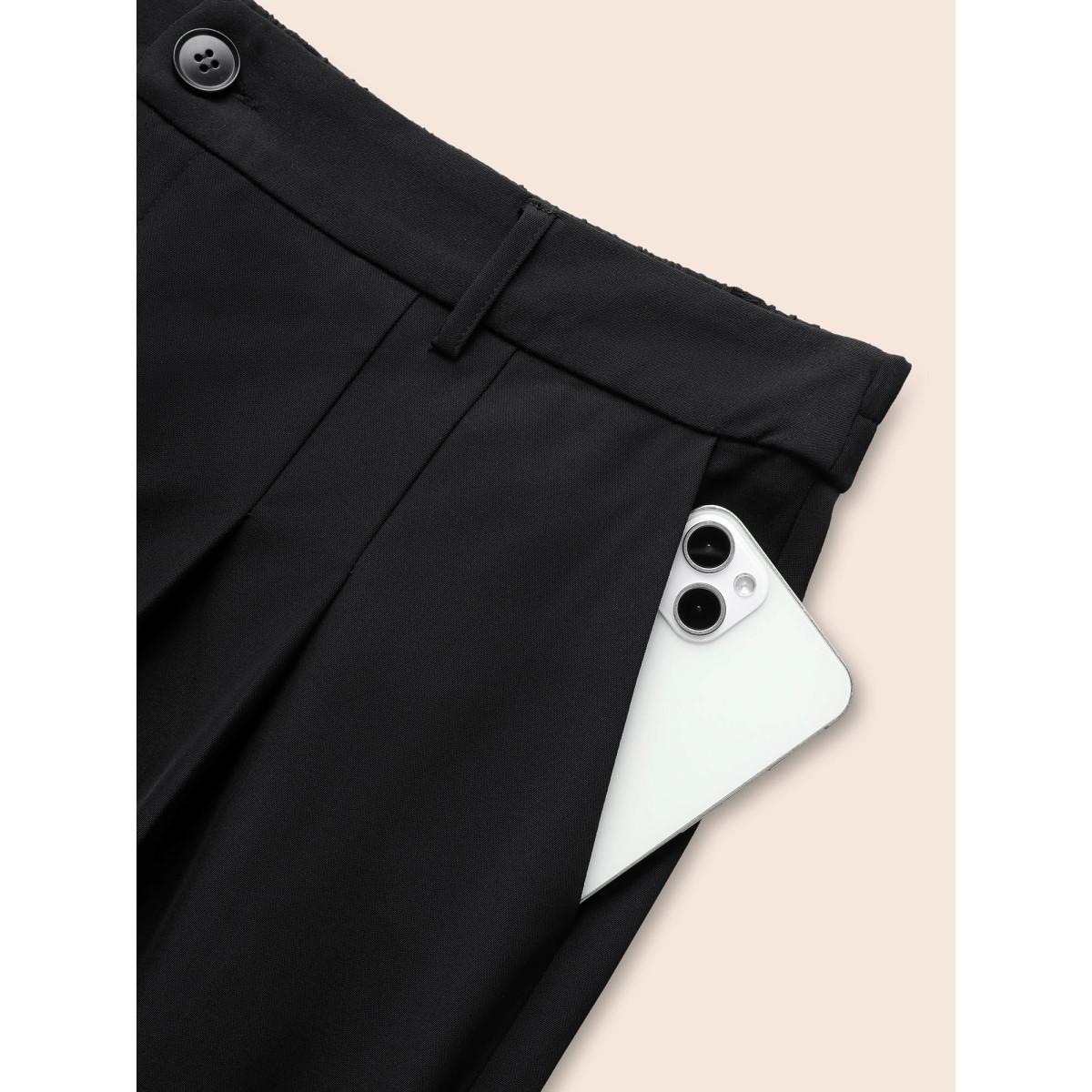 Plus Size Stretch Woven Pleated Elastic Waist Pants Women Black At the Office Wide Leg Mid Rise Office Pants BloomChic 12/L Product Image