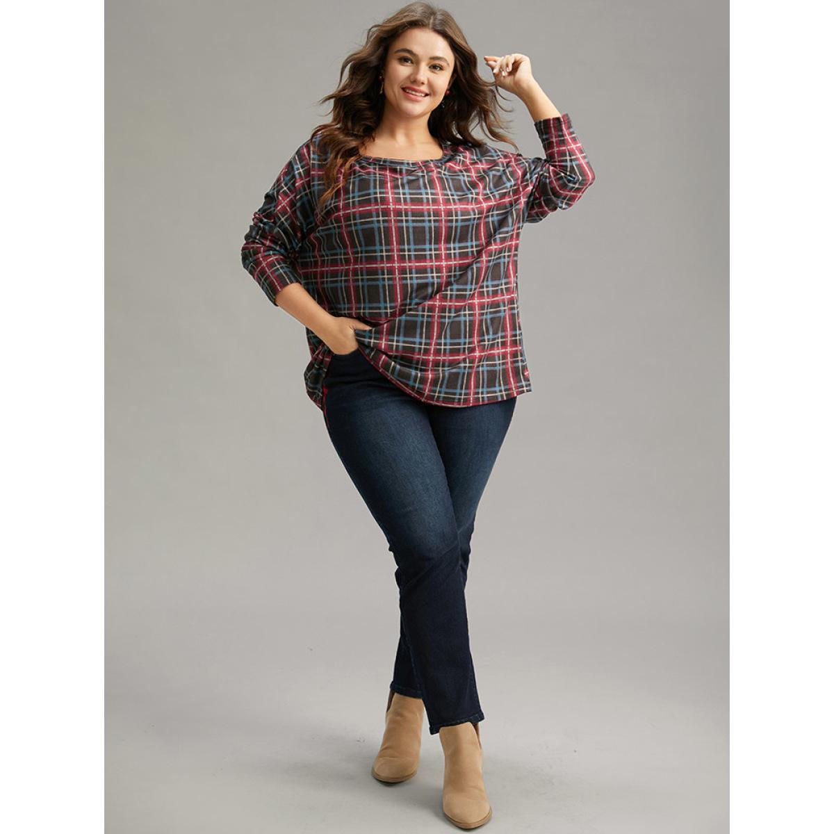 Plus Size Plaid Dolman Sleeve Round Neck T-shirt Multicolor Women Casual Contrast Plaid Round Neck Festival-Christmas T-shirts BloomChic 30/6X Product Image