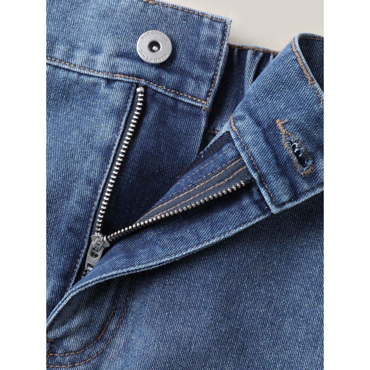 Plus Size A-Line Classic Midi Denim Skirt Women Denimblue Vacation No stretch Medium Wash 12/L Slanted pocket Denim Skirts BloomChic Product Image