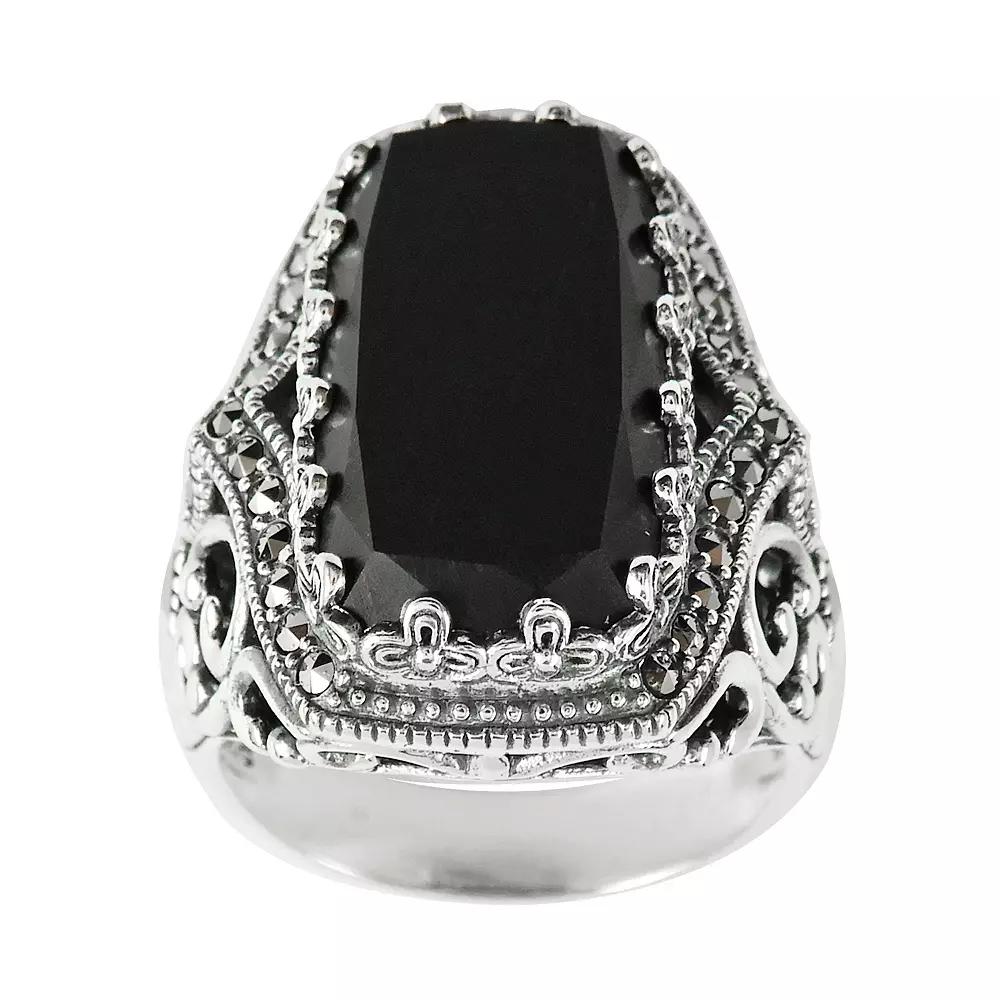 Lavish by TJM Sterling Silver Onyx & Marcasite Ornate Rectangular Ring, Women's, Size: 8 Product Image