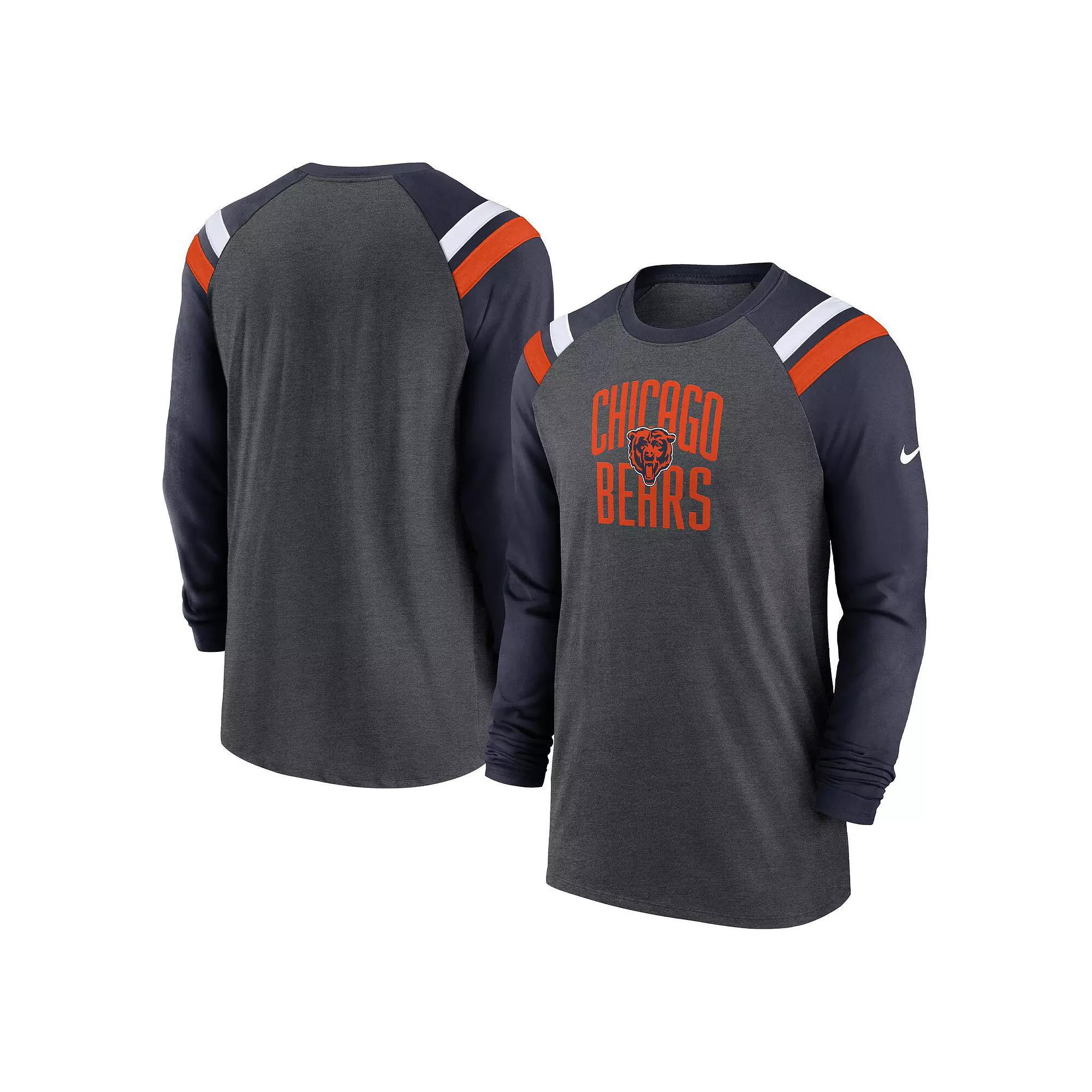 Men's Nike Heathered Charcoal/Navy Chicago Bears Tri-Blend Raglan Athletic Long Sleeve Fashion T-Shirt,  Product Image