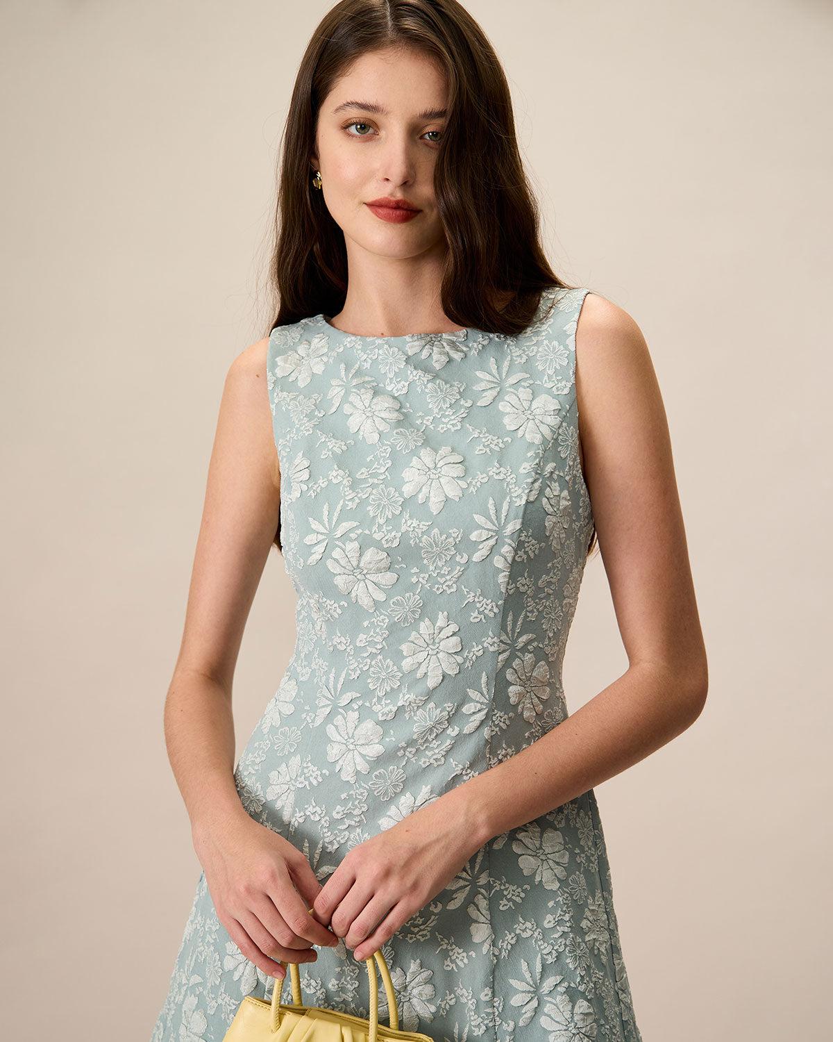 Women's Green Boat Neck Jacquard Mini Dress Female Product Image