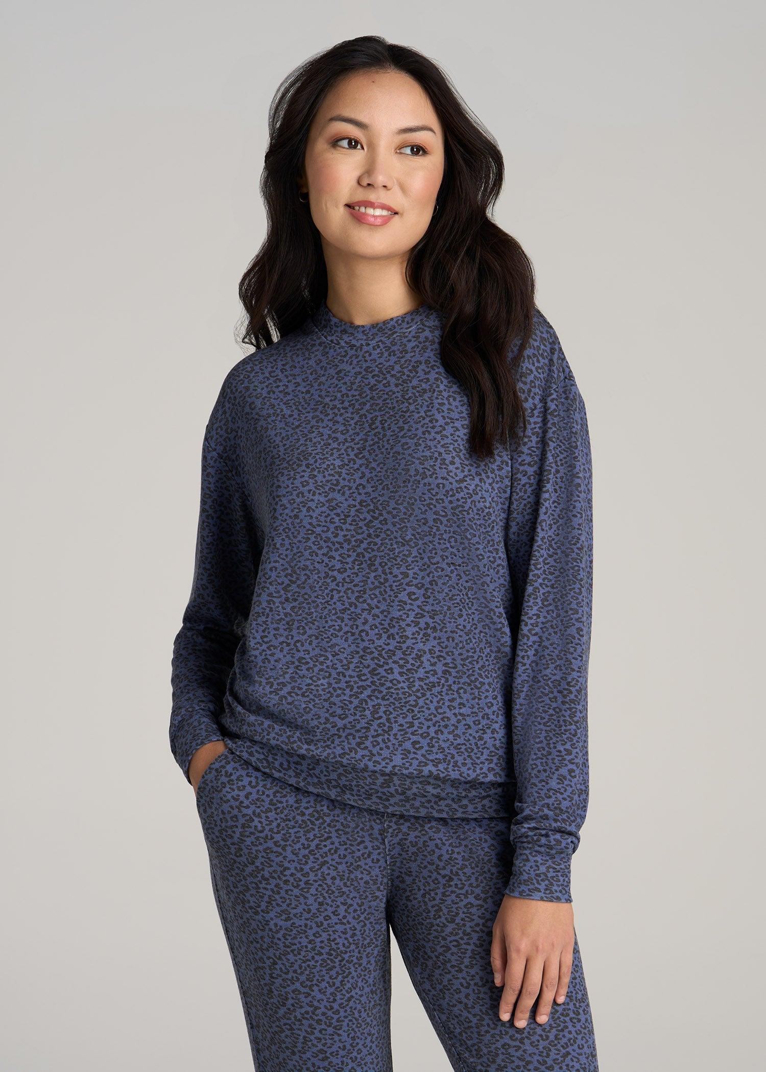 Cozy Lounge Crewneck for Tall Women in Navy Leopard Female Product Image