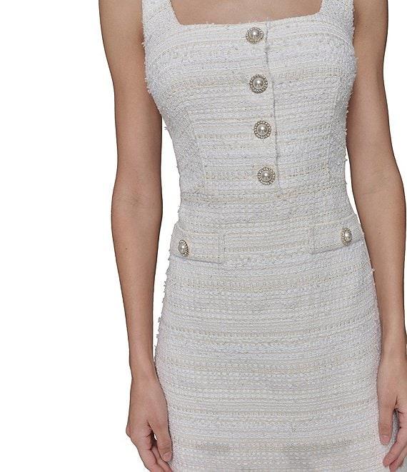 KARL LAGERFELD PARIS Square Neck Pearl Button Trim Tweed Sheath Dress Product Image