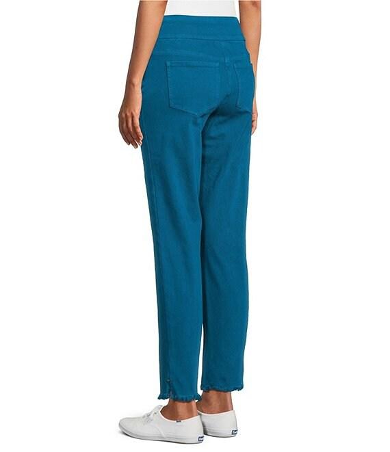 Multiples Solid Garment Dyed Straight Leg Fringe Hem Pull-On Ankle Pants Product Image