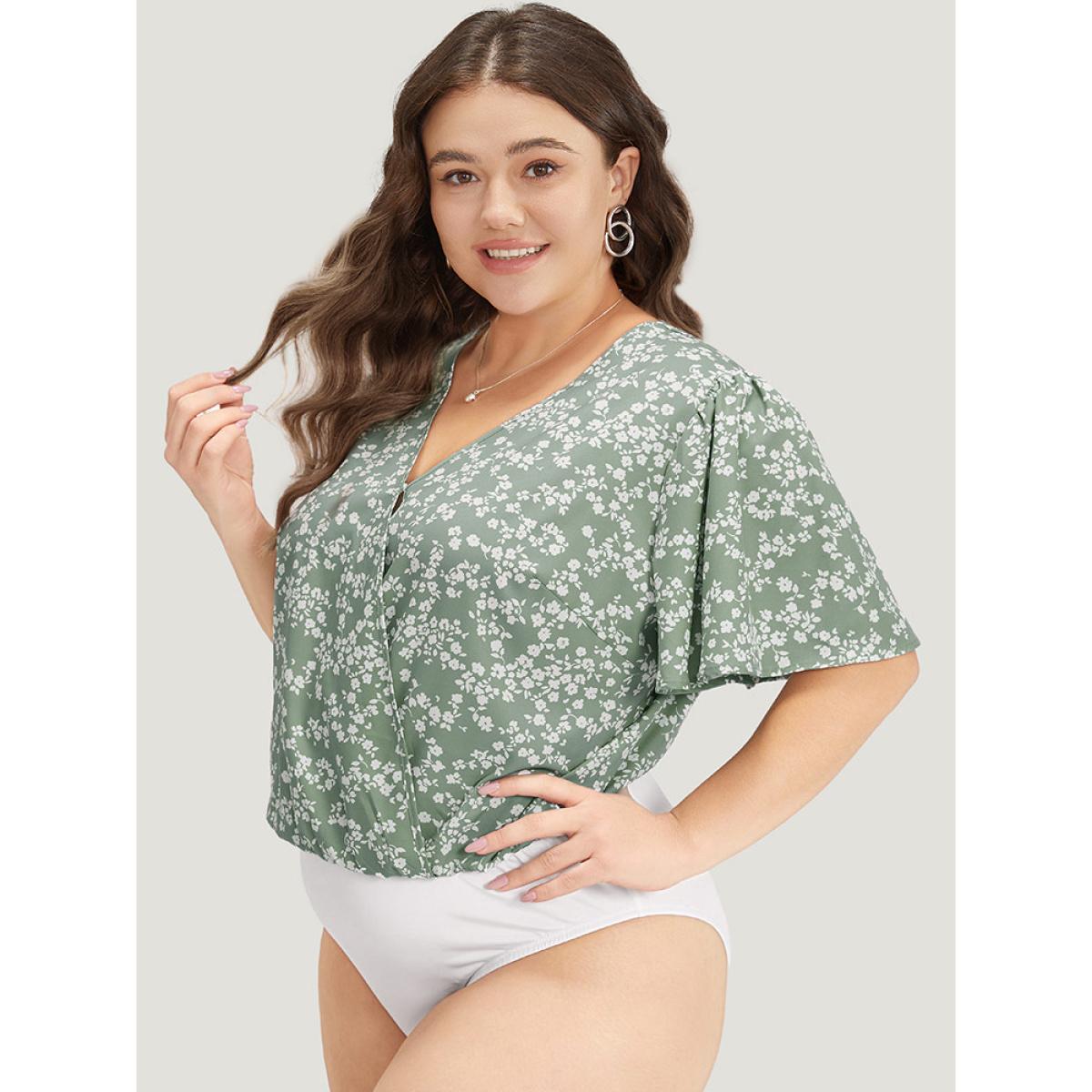 Plus Size Ditsy Floral Overlap Collar Flutter Sleeve Bodysuit Women Green Ditsy Floral Printed Bodysuits BloomChic 30/6X Product Image