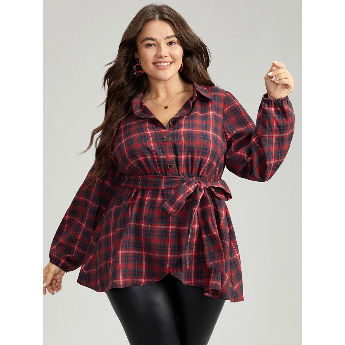 Plus Size Raspberry Plaid Shirt Collar Belted Button Through Blouse Women Elegant Long Sleeve Shirt collar Festival-Christmas Blouses BloomChic 12/L Product Image