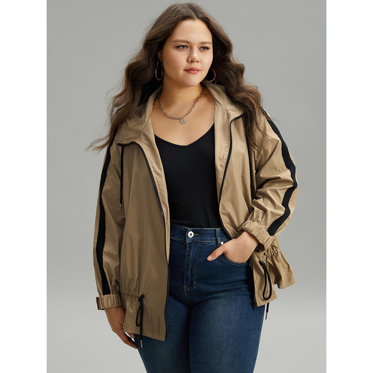 Plus Size Wind-Resistant Contrast Trim Drawstring Jacket Women Tan Elastic cuffs Pocket Dailywear Jackets BloomChic 28/5X Product Image