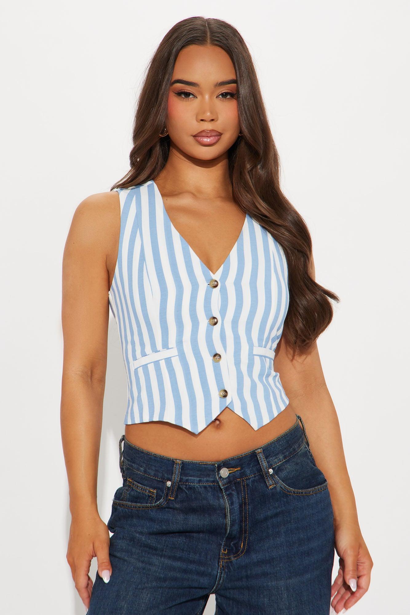 Set The Tone Striped Vest Top - White/Blue Product Image
