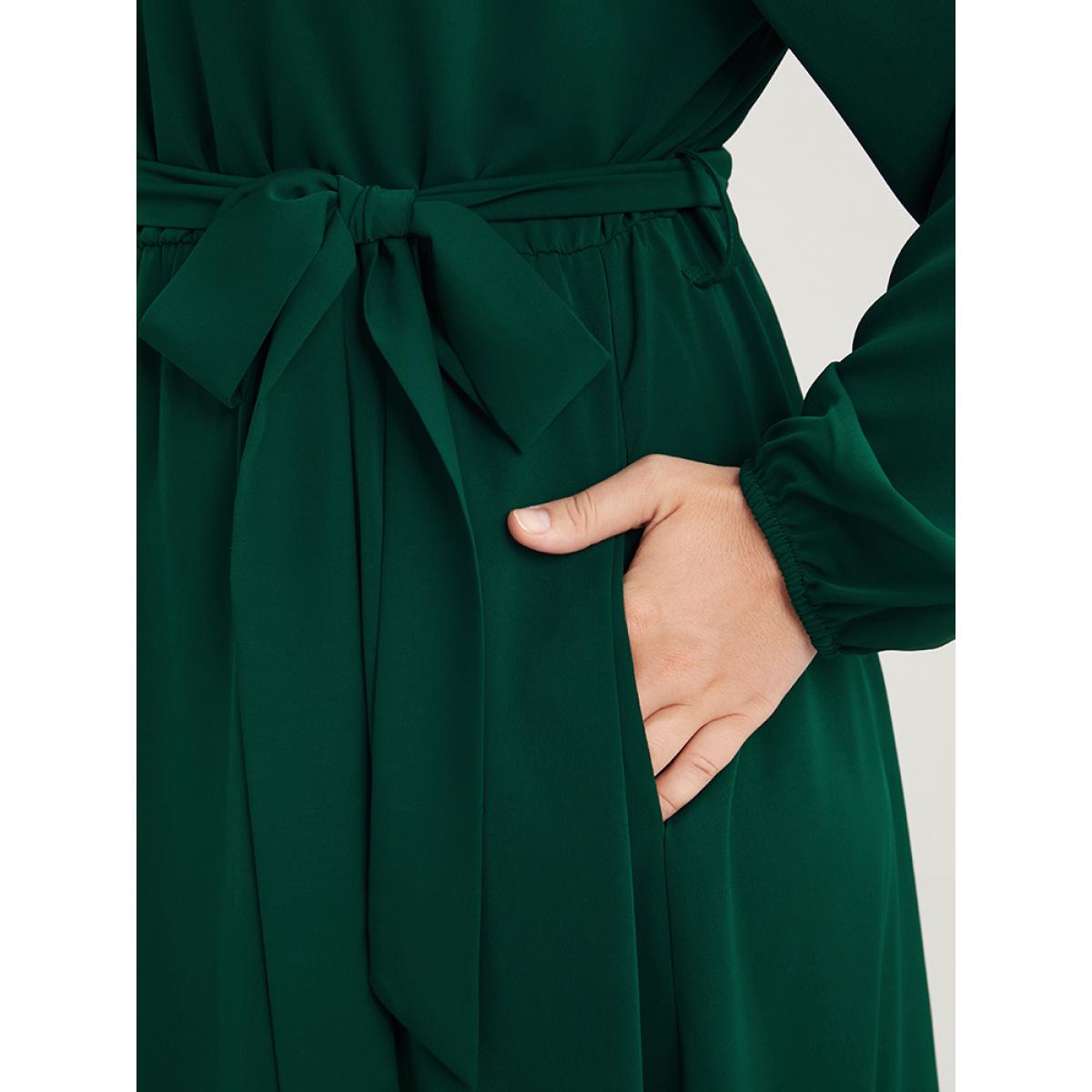 Plus Size Solid V Neck Pocket Belted Lantern Sleeve Midi Dress DarkGreen Women Elegant Belted V-neck Long Sleeve Curvy Midi Dress BloomChic 12/L Product Image