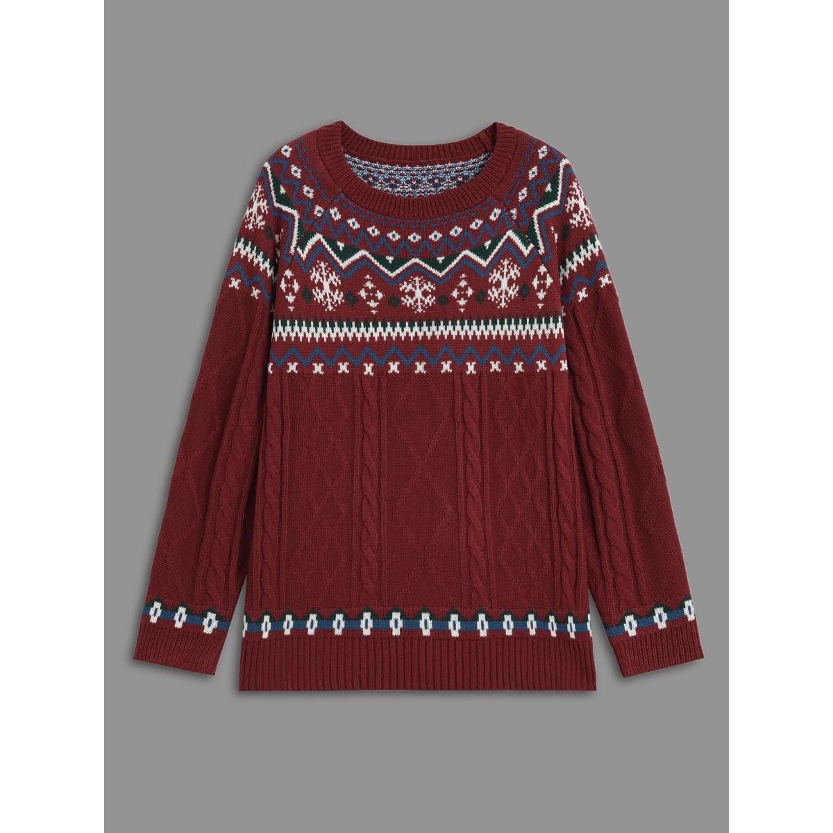 Plus Size Festive Fair Isle Cable Knit Pullover Deepred Women Leisure Loose Long Sleeve Round Neck Casual Pullovers BloomChic 12/L Product Image