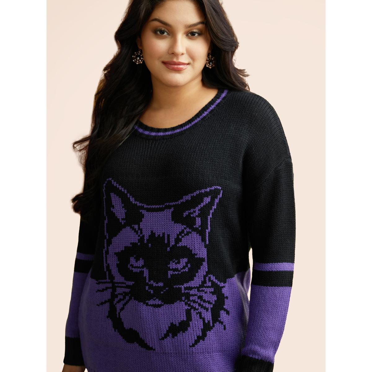 Plus Size Mystic Cat Pattern Crew Neck Pullover DarkViolet Women Casual Loose Long Sleeve Round Neck Everyday Pullovers BloomChic 18-20/2X Product Image