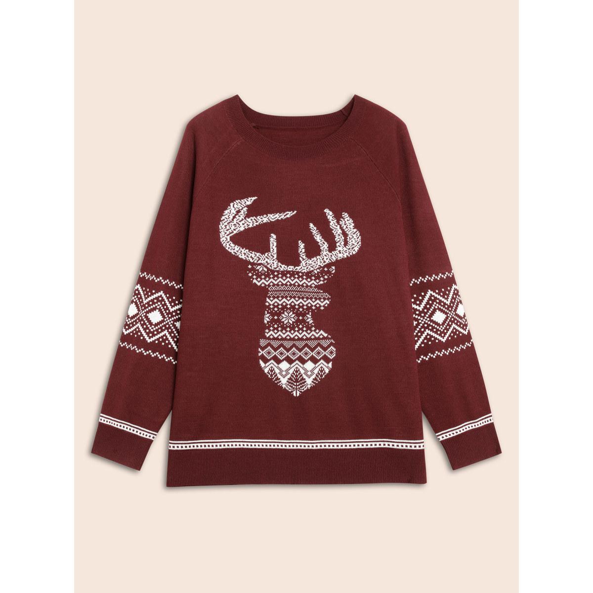 Plus Size Geo Reindeer Printed Sleeves Straight Fit Pullover Scarlet Women Casual Loose Long Sleeve Round Neck Everyday Pullovers BloomChic 12/L Product Image