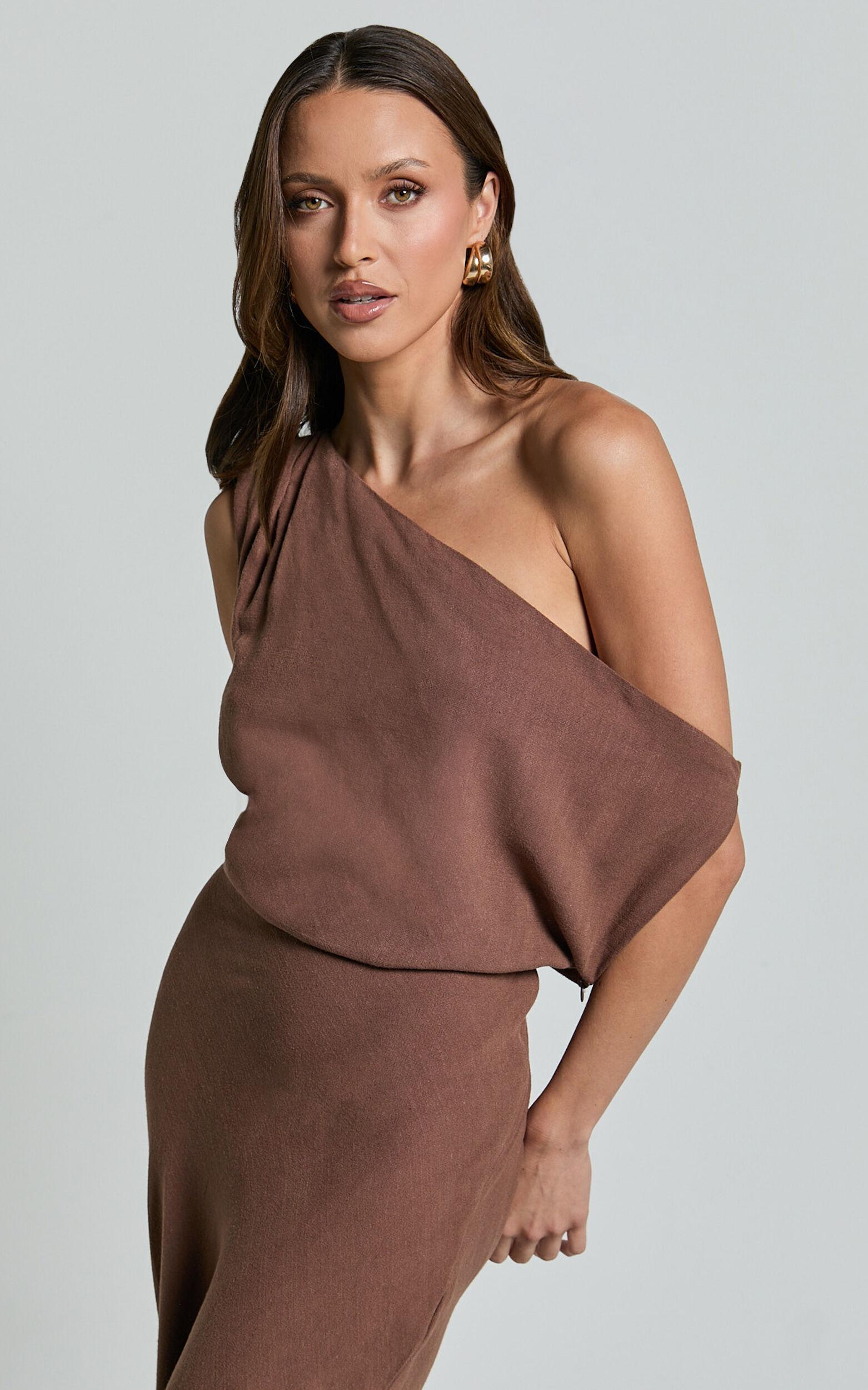 Jacqueline Midi Dress - Linen One Shoulder Dress in Chocolate Product Image