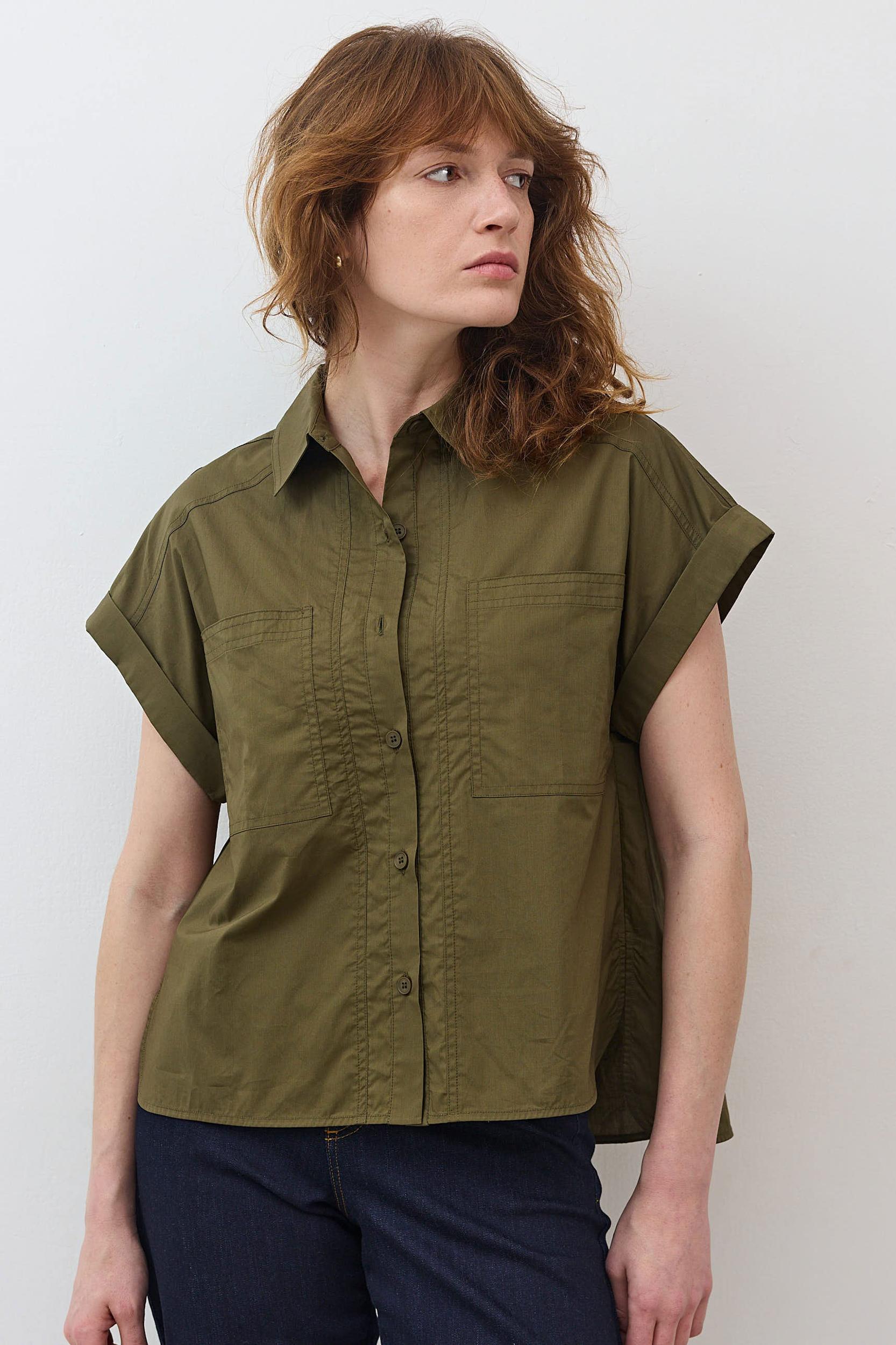 Short Sleeve Poplin Button Down Blouse Product Image