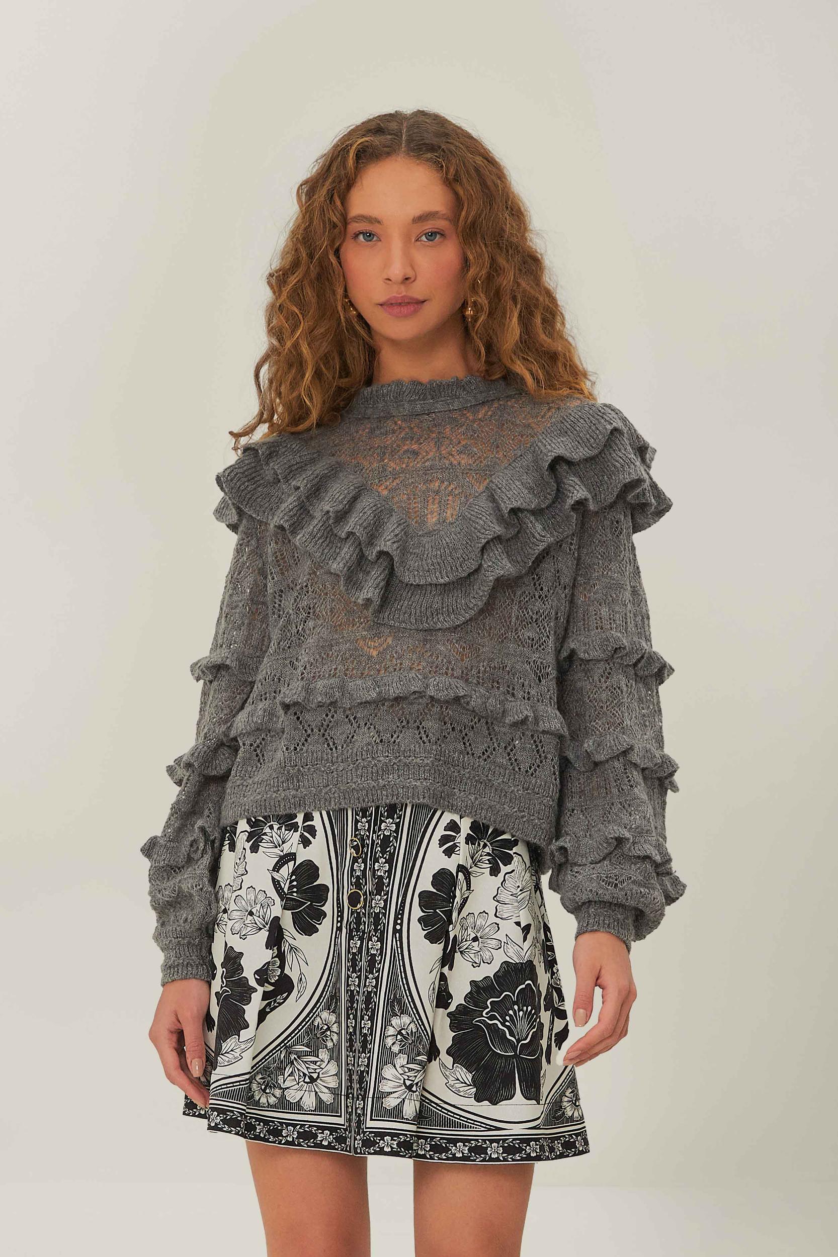 Grey Ruffles Knit Sweater Product Image