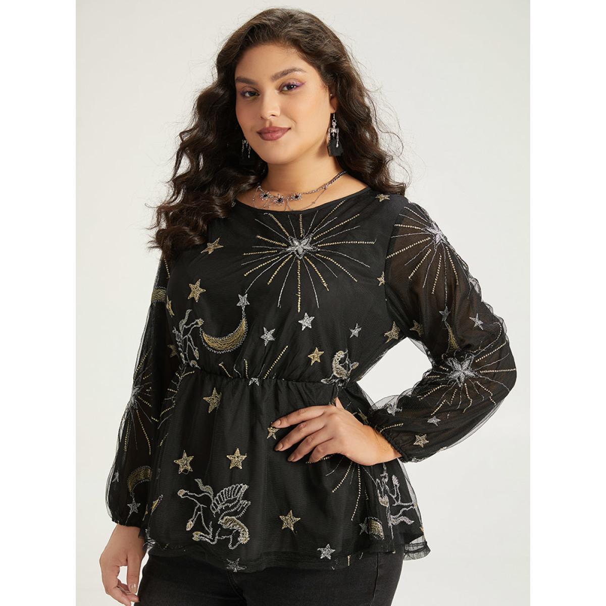 Plus Size Black Halloween Star Elastic Waist Mesh Patchwork Lantern Sleeve Blouses Women Elegant Long Sleeve Round Neck Festival-Halloween Blouses BloomChic 10/M Product Image