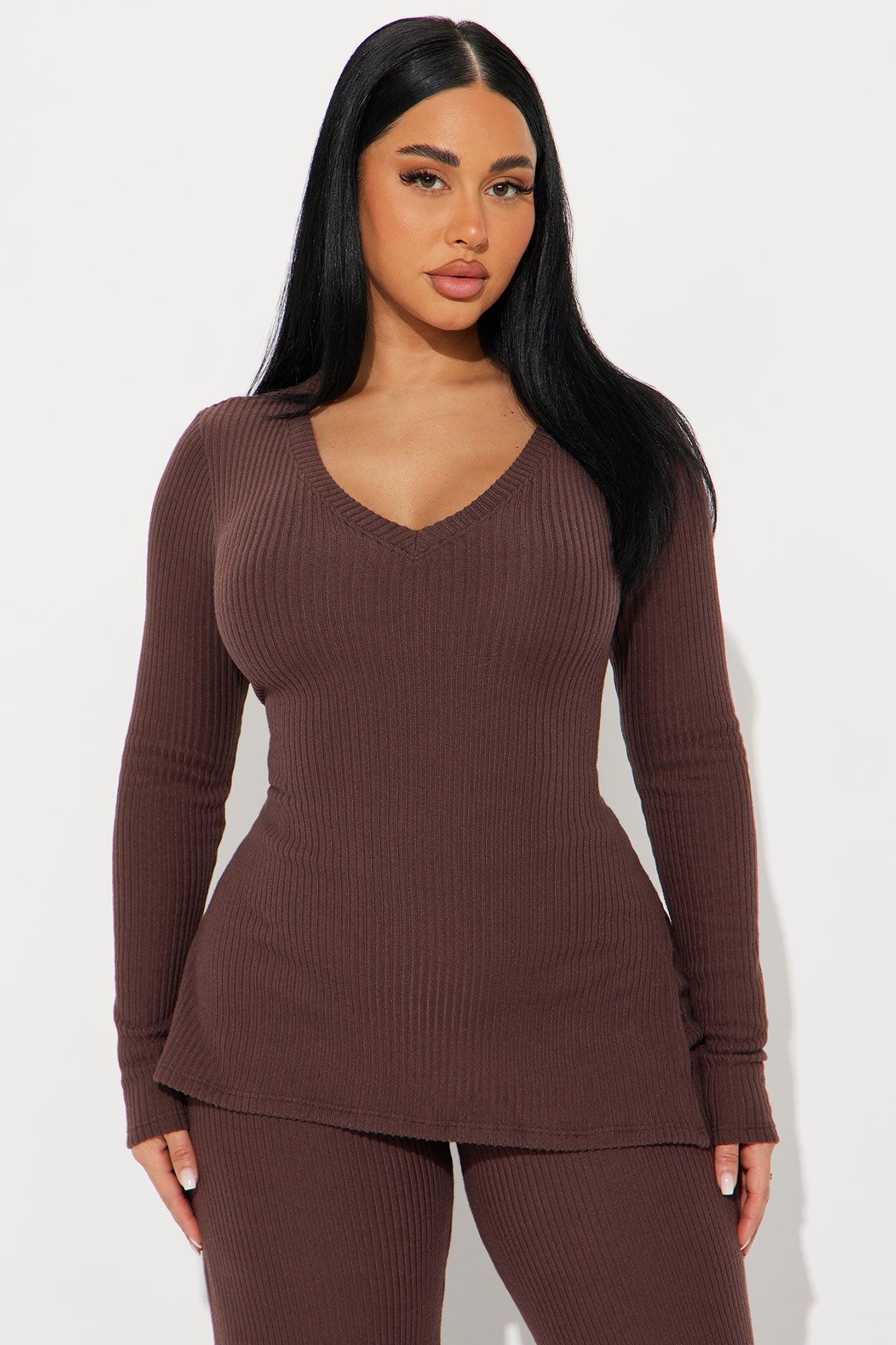 Maya Cozy Ribbed Pant Set - Brown Product Image