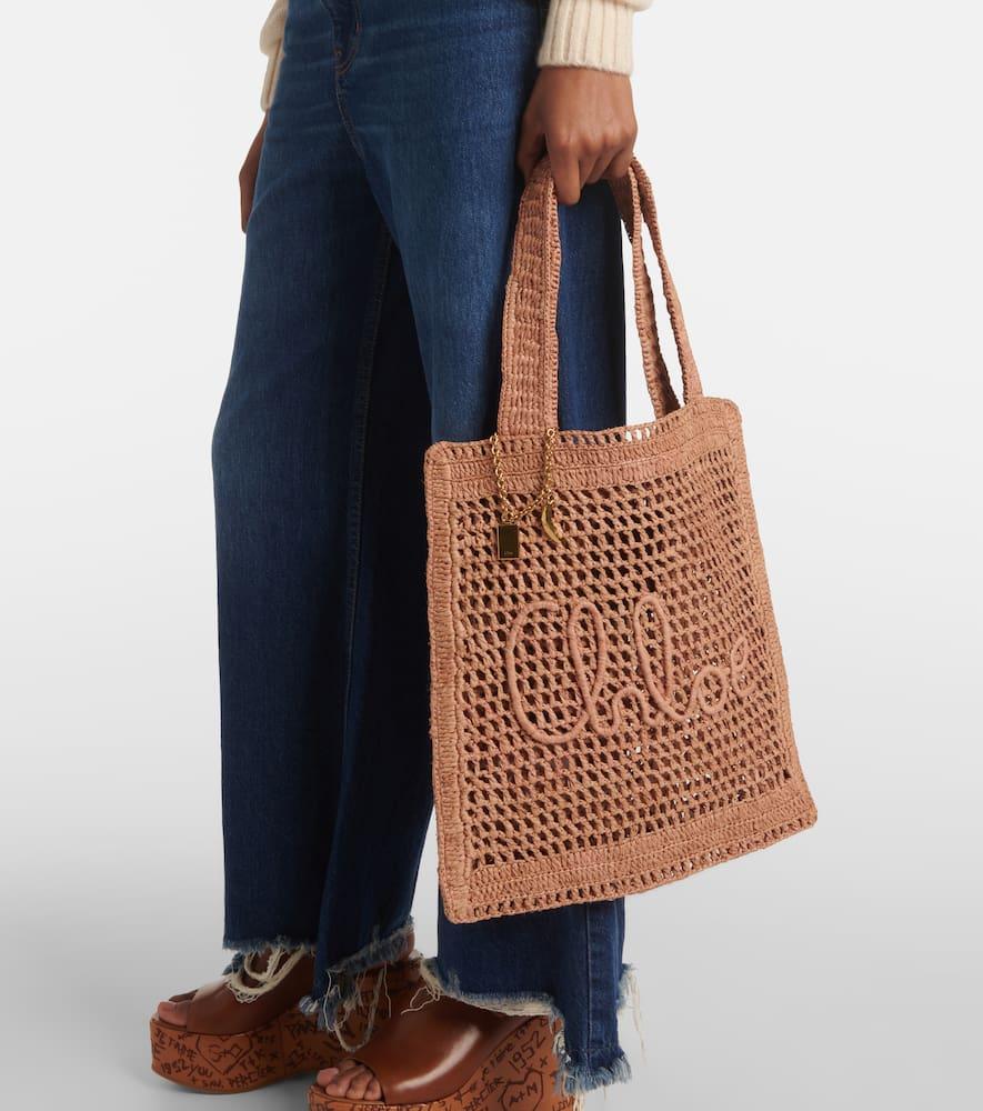 CHLOÉ Summer Banana Embellished Crocheted Embroidered Faux Raffia Tote In Beige Product Image