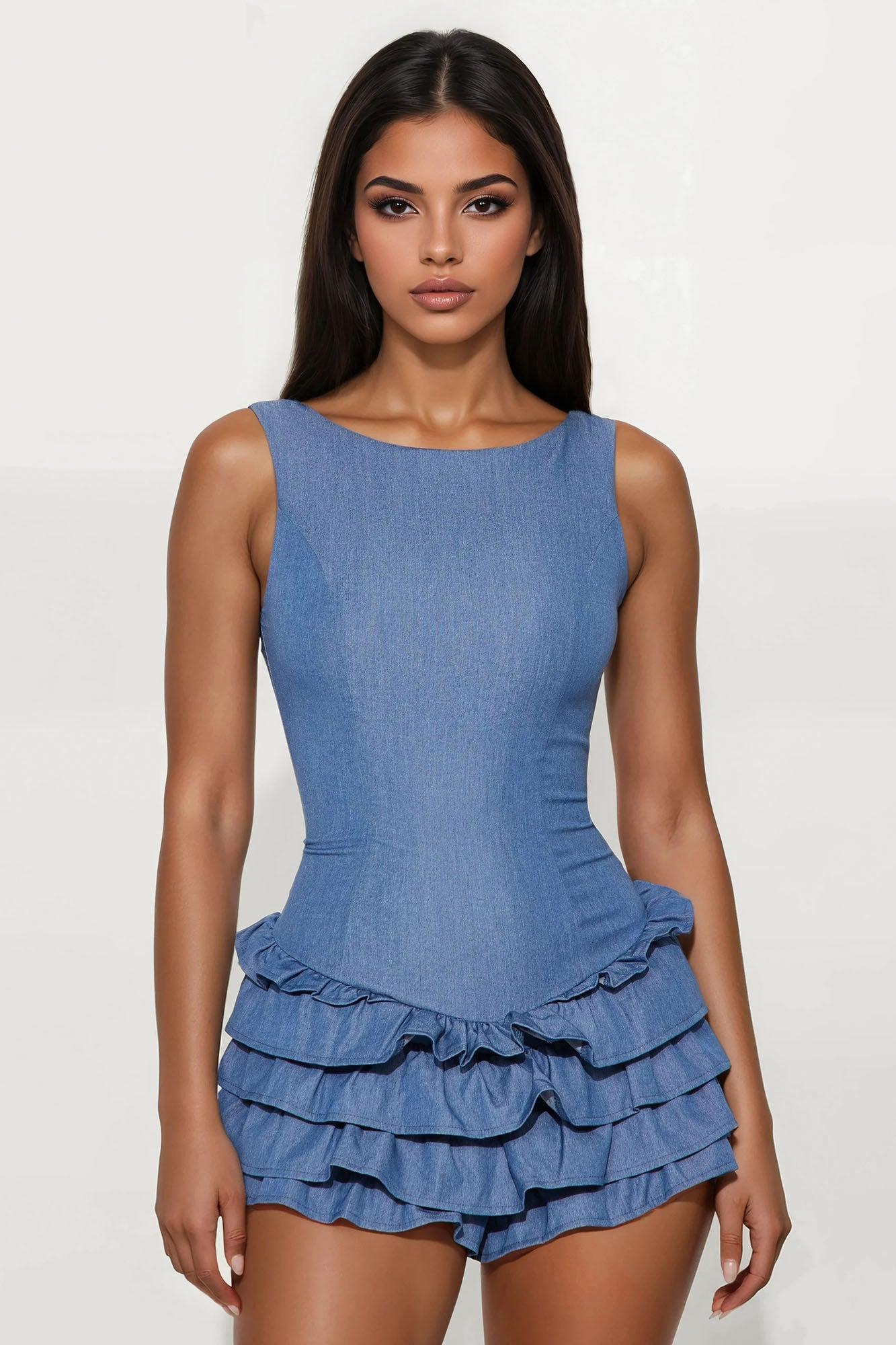 Best Of Times Ruffle Romper - Medium Wash Female Product Image