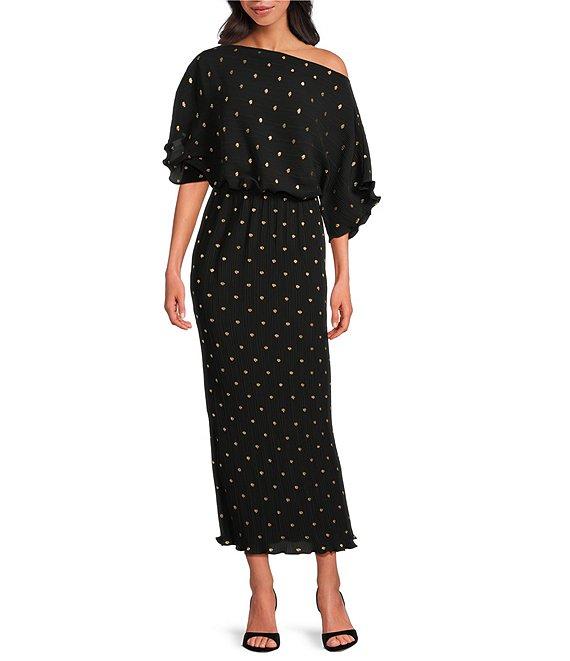 Never Fully Dressed Tilly Plisse Gold Fleck Print One Shoulder Neck Short Sleeve Maxi Dress Product Image