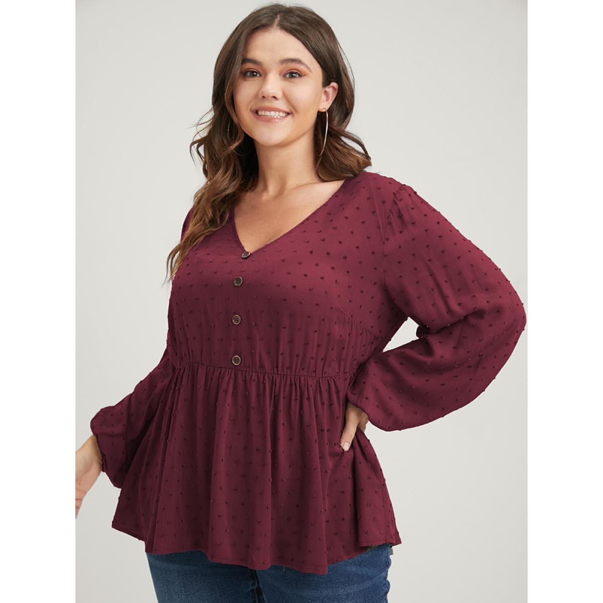 Plus Size Burgundy Polka Dot Flutter Button Detail Lantern Sleeve Blouse Women Leisure Long Sleeve V-neck Casual Blouses BloomChic 22-24/3X Product Image