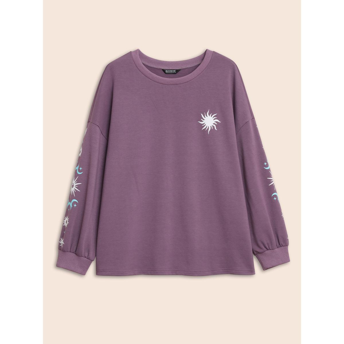 Plus Size Moon & Star Drop Shoulder Sweatshirt Women Mauve Casual Patchwork Round Neck Everyday Sweatshirts BloomChic 14-16/1X Product Image