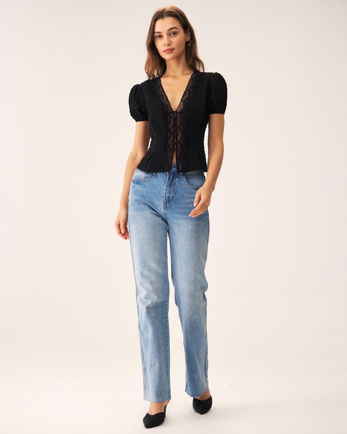 Black Jacquard Lace Button Blouse Product Image