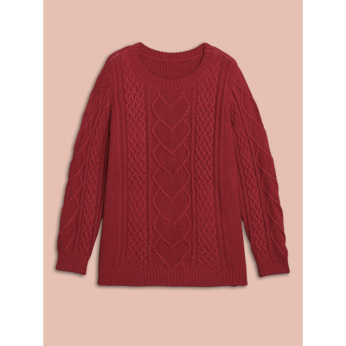 Plus Size Crew Neck Split Hem Textured Pullover Brightred Women Casual Loose Long Sleeve Round Neck Everyday Pullovers BloomChic 26/4X Product Image