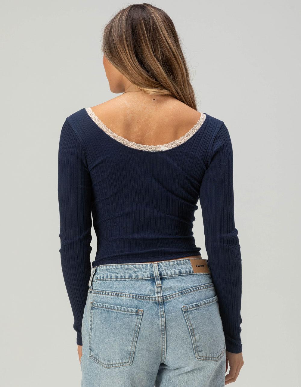 RSQ Womens Lace Trim Texture Long Sleeve Top - HEATHER GRAY Product Image