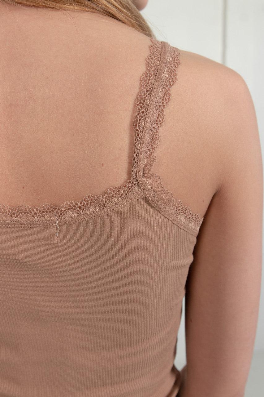 Brown Ruched Lace Trim Cami Product Image