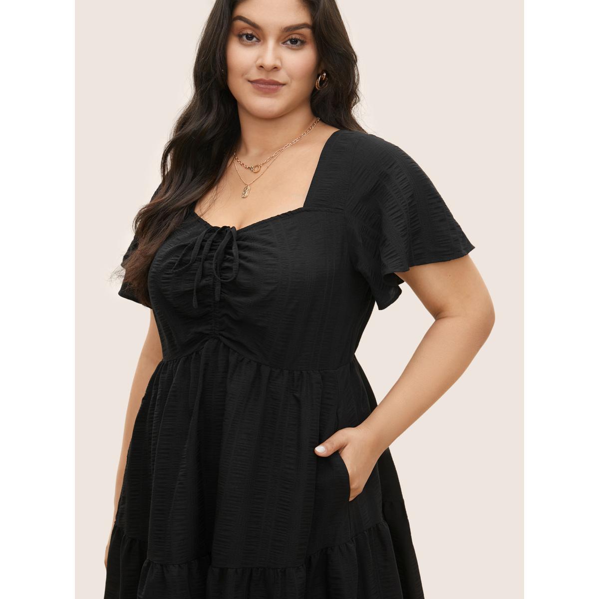 Plus Size Plain Ruched Drawstring Pocket Ruffle Tiered Dress Black Women Elegant Non V-neck Short sleeve Curvy Midi Dress BloomChic 22-24/3X Product Image