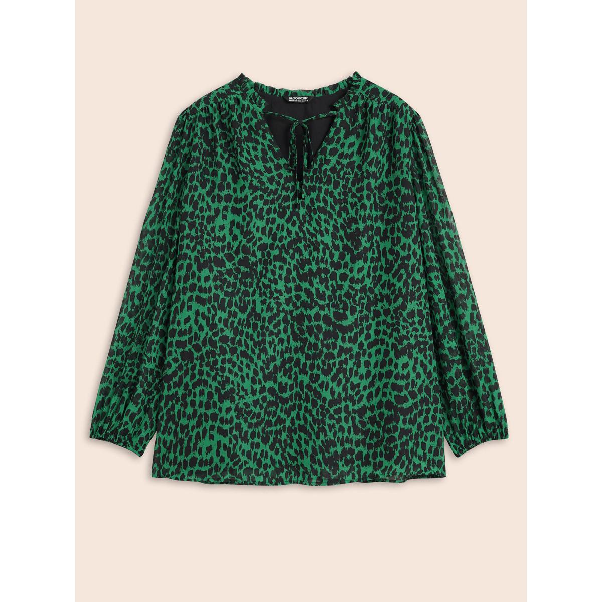 Plus Size DarkGreen Leopard Print Tie Knot Lantern Sleeve Blouse Women Romantic Long Sleeve V-neck Elegant Blouses BloomChic 30/6X Product Image