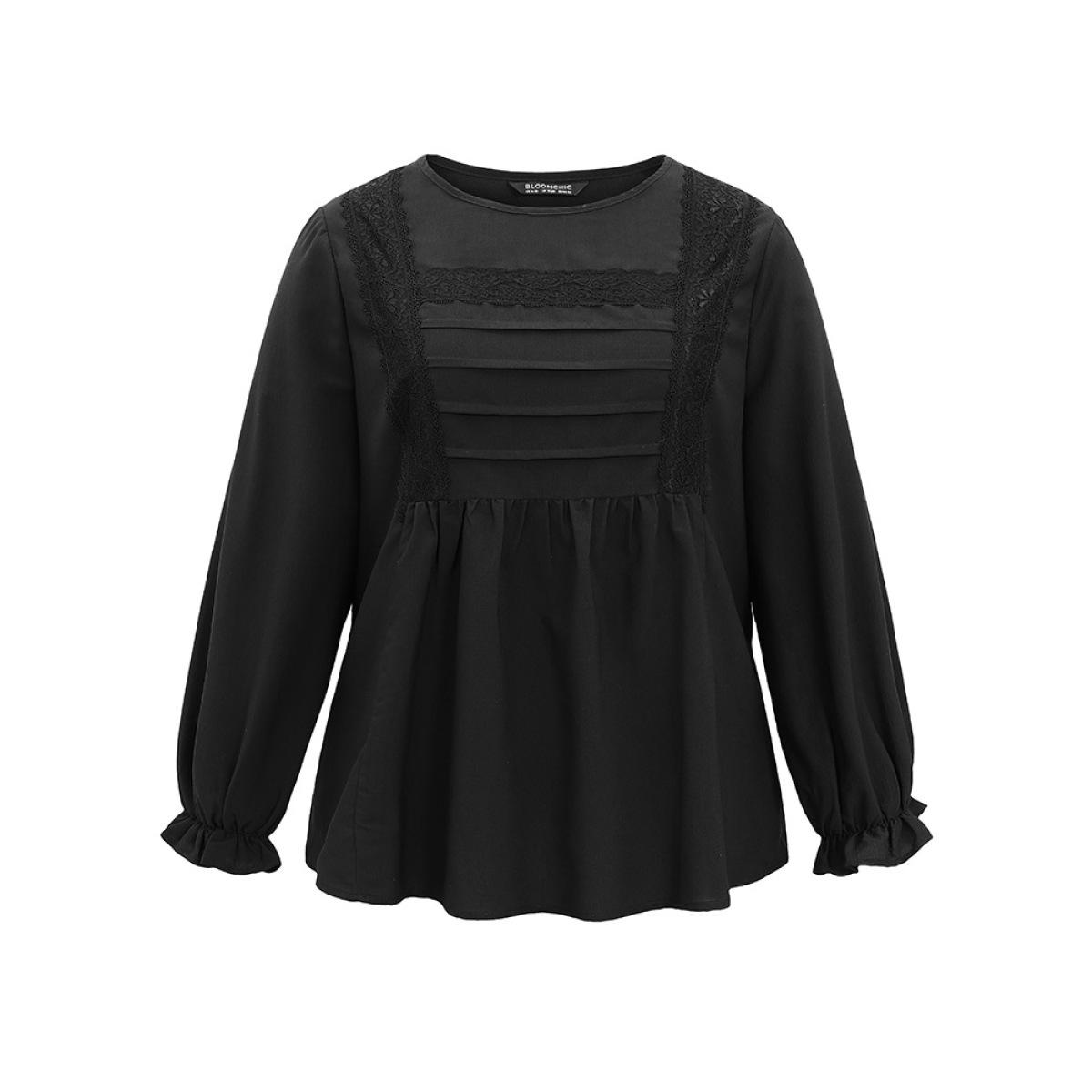 Plus Size Black Pleated Detail Contrast Lace Ruffle Blouse Women Elegant Long Sleeve Round Neck Dailywear Blouses BloomChic 26/4X Product Image