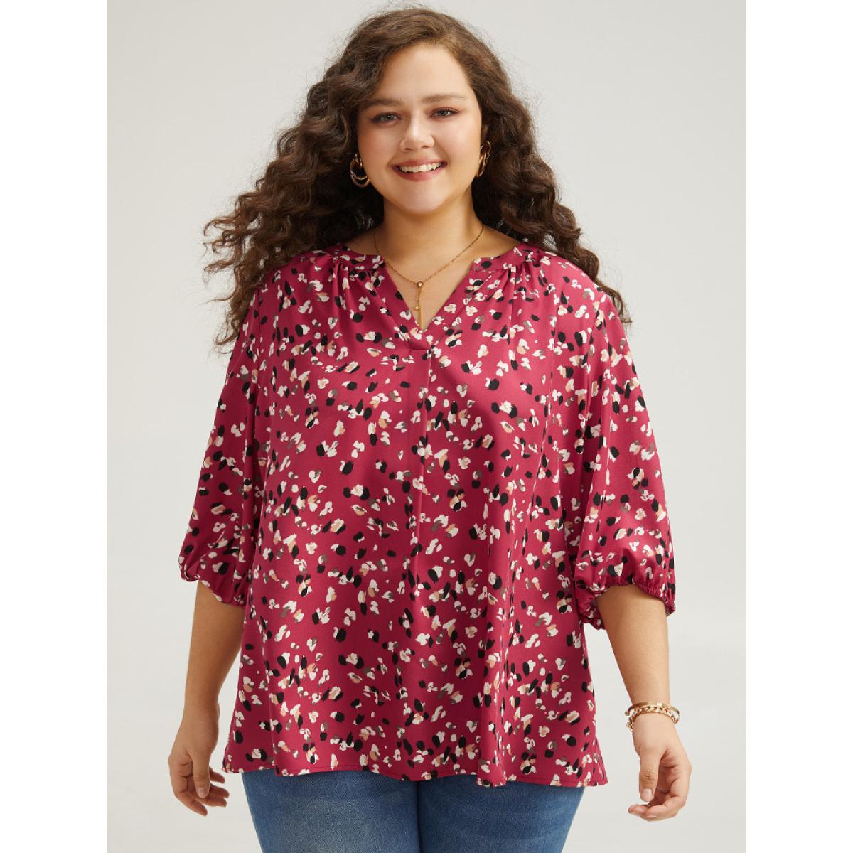 Plus Size RedViolet Allover Print Notched Lantern Sleeve Blouse Women Elegant Half Sleeve V-neck Dailywear Blouses BloomChic 28/5X Product Image