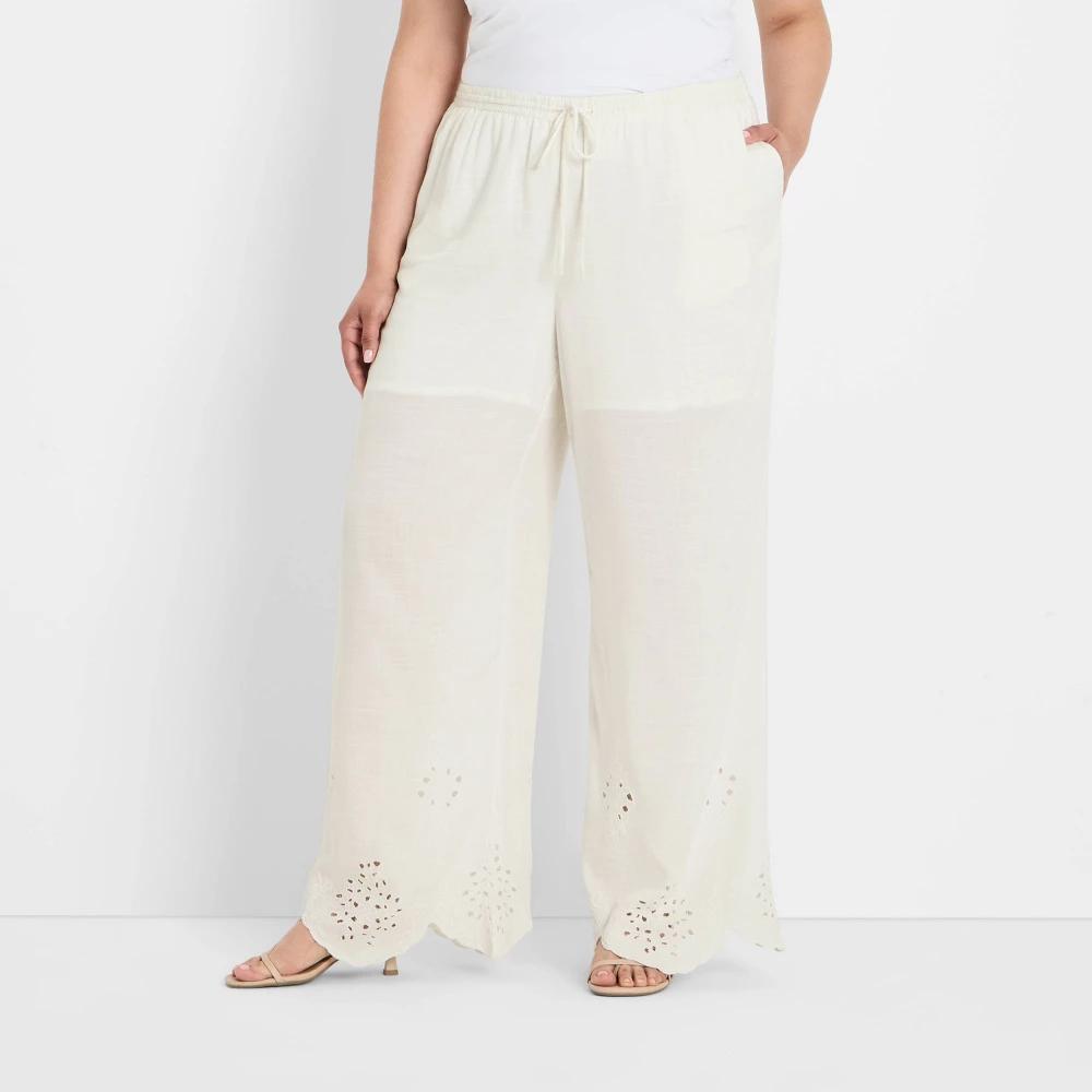 Women's High-Rise Wide Leg Embellished Eyelet Pull-On Pants - Future Collective Cream XXL Product Image