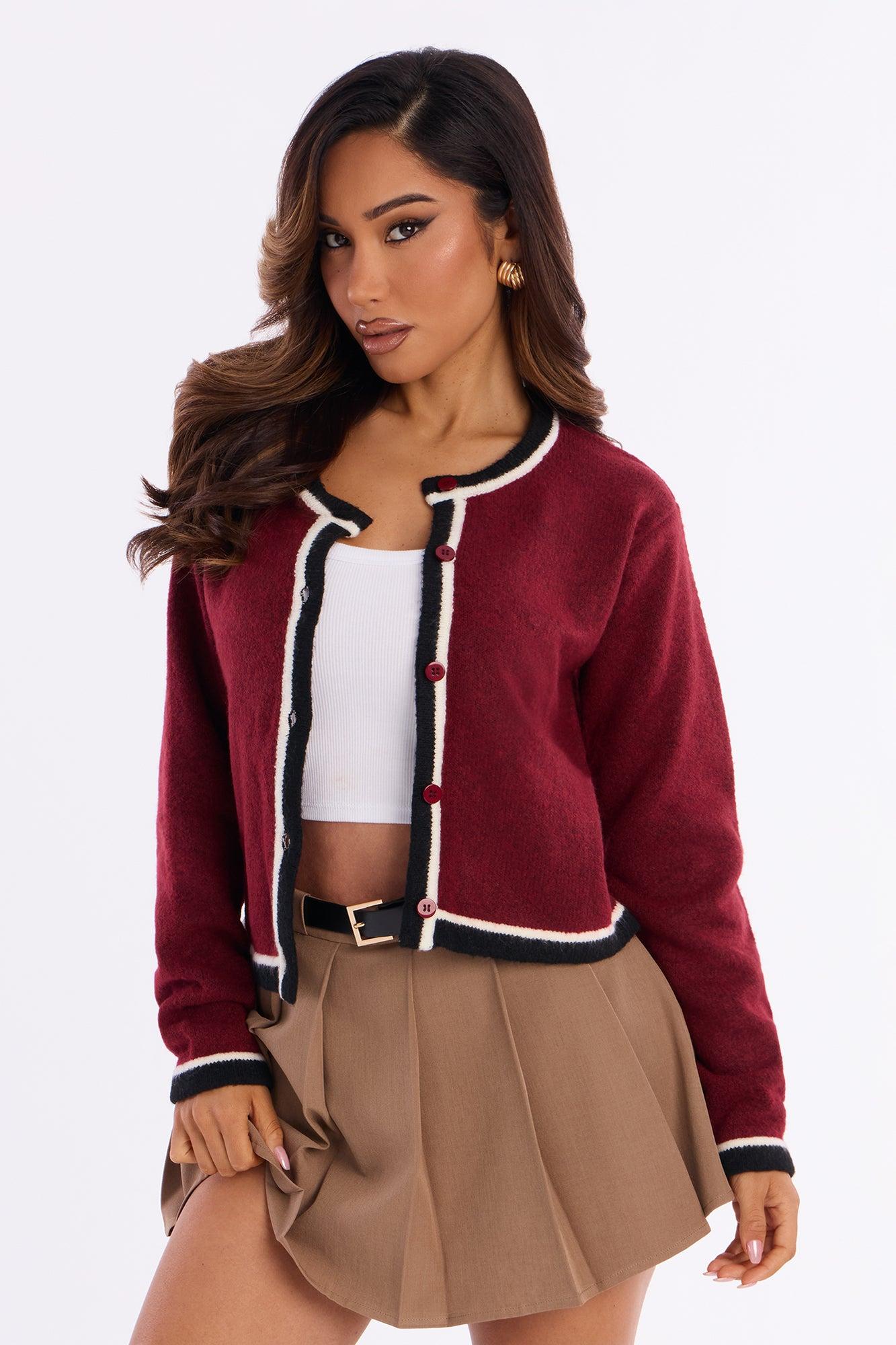 She's Cute Contrast Cardigan Sweater - Burgundy/combo Female Product Image
