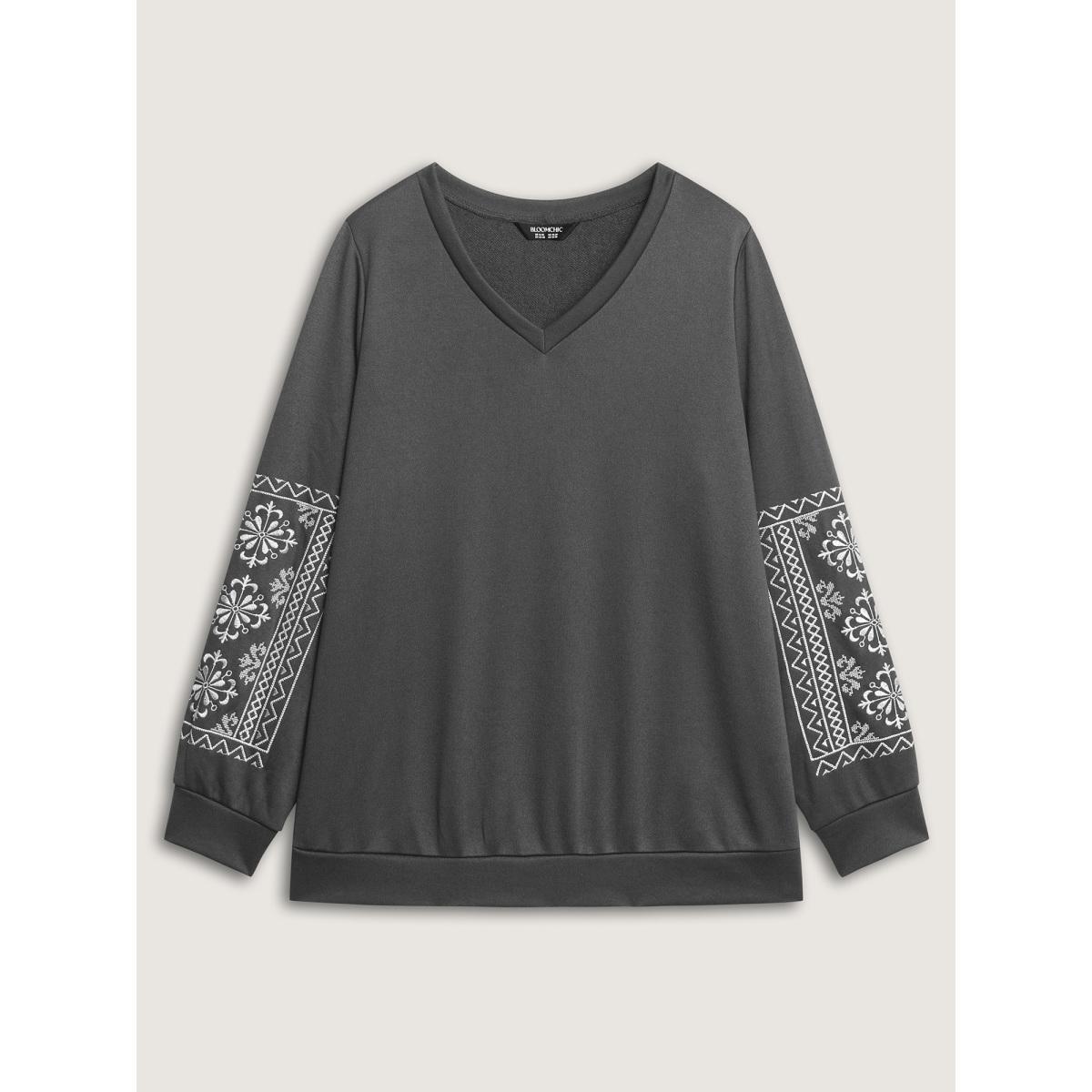 Plus Size Boho Embroidered Sleeve V-Neck Sweatshirt Women DimGray Leisure Embroidered V-neck Casual Sweatshirts BloomChic 14-16/1X Product Image