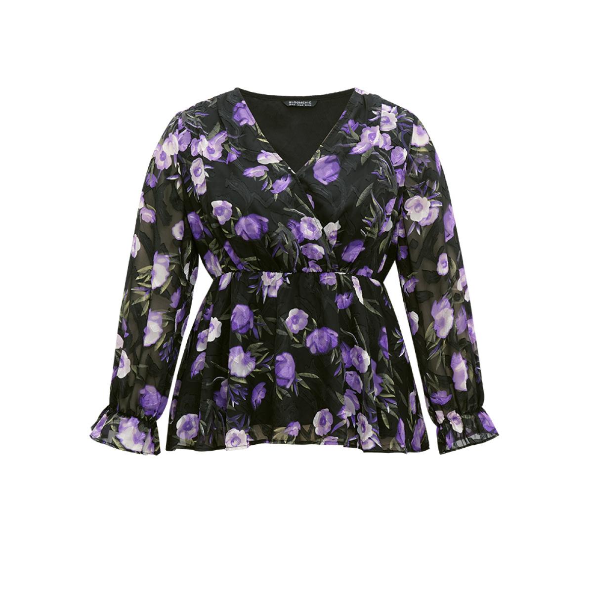 Plus Size Black Chiffon Floral Mesh Wrap Ruffle Hem Blouse Women Glamour Long Sleeve V-neck Going out Blouses BloomChic 14-16/1X Product Image