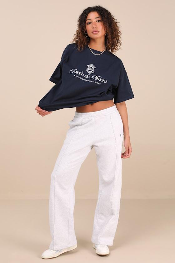 Catori Heathered Light Grey Embroidered Wide-Leg Sweatpants Product Image