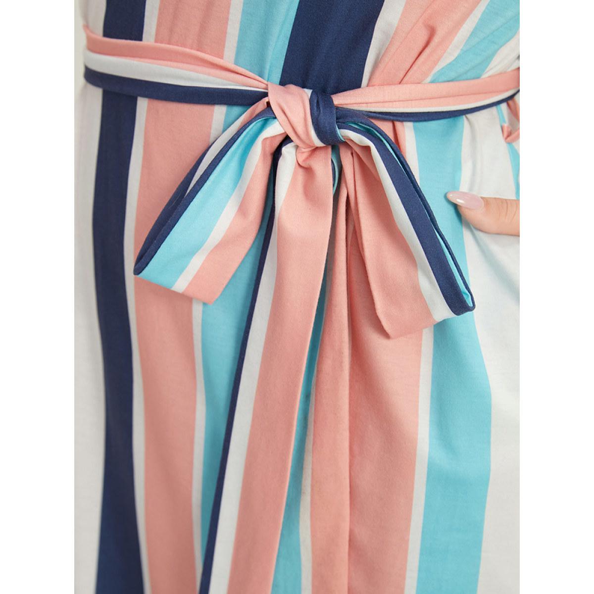 Plus Size Striped Belted V Neck Pocket Arc Hem Dress Indigo Women Casual Belted V-neck Short sleeve Curvy Midi Dress BloomChic 14-16/1X Product Image