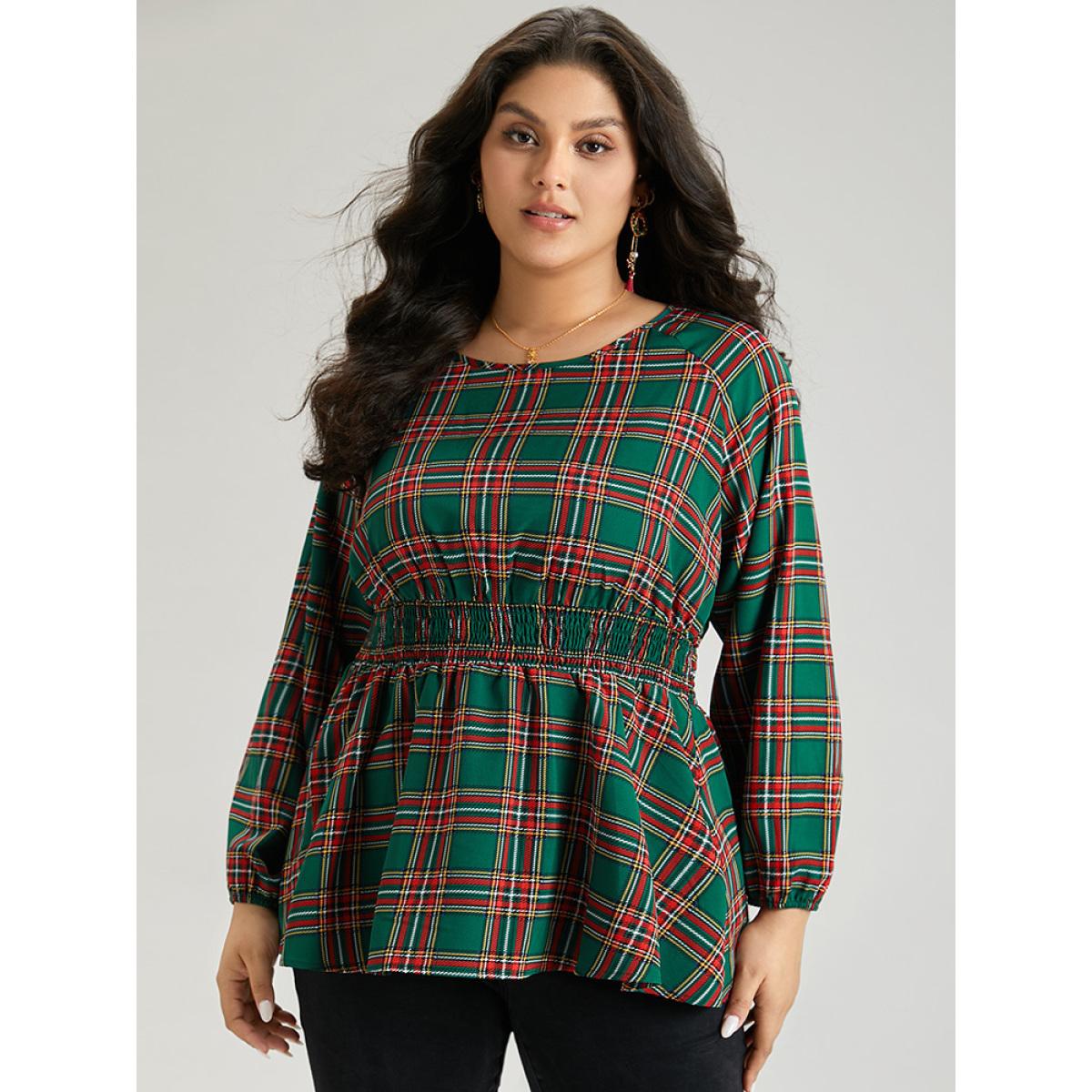 Plus Size Green Christmas Plaid Shirred Ruffle Hem Blouse Women Elegant Long Sleeve Round Neck Festival-Christmas Blouses BloomChic 12/L Product Image