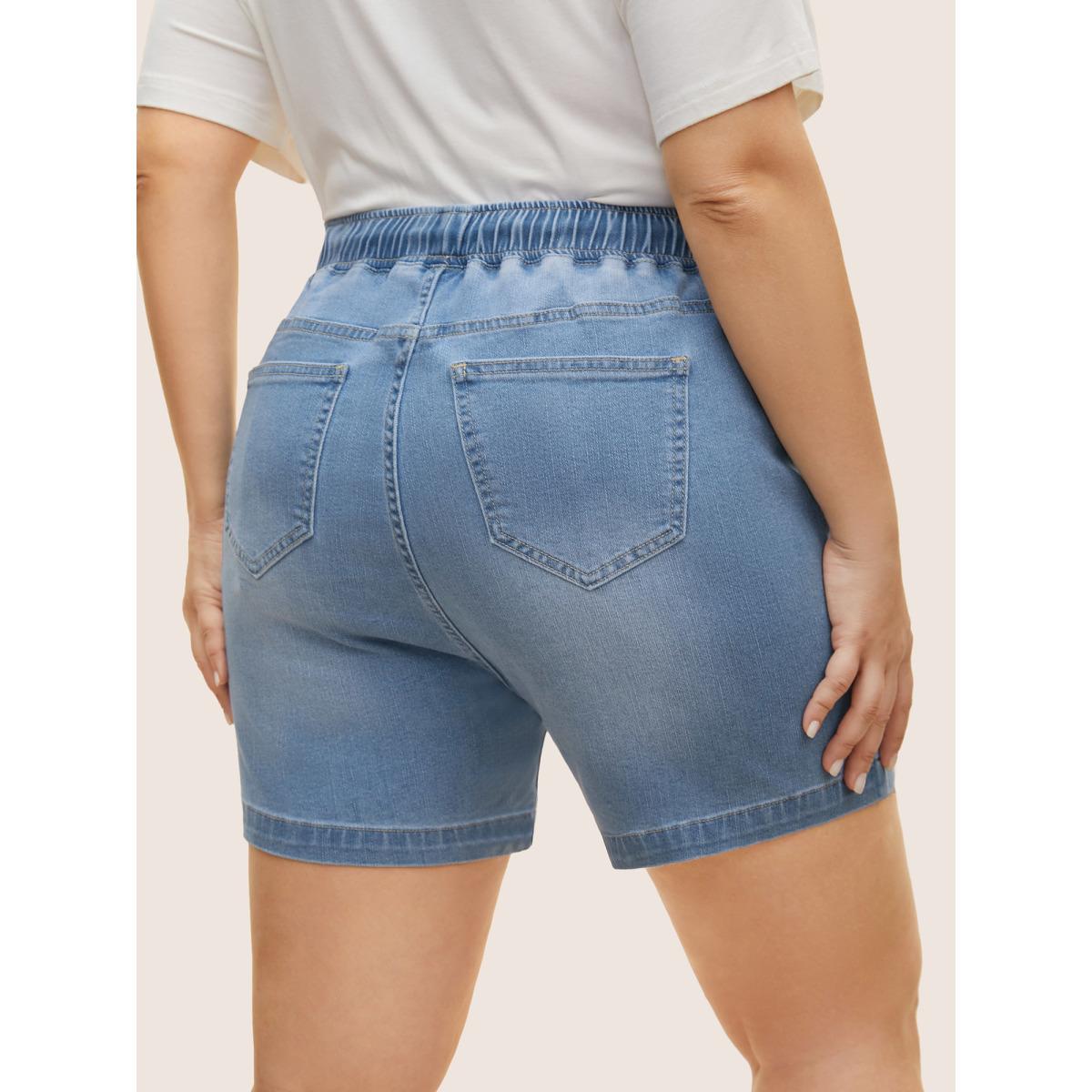 Plus Size Light Wash Elastic Waist Drawstring Denim Shorts Women Denimlightblue Drawstring Medium stretch Everyday Slanted pocket Casual Denim Shorts BloomChic 18/2X Product Image