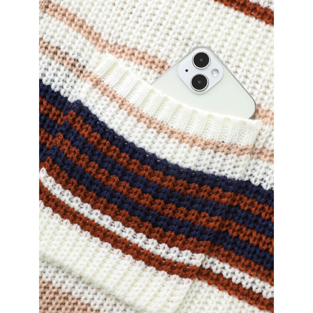 Plus Size Contrast Striped Pocket Drop Shoulder Cardigan Browncoffeecolor Women Casual Loose Long Sleeve Everyday Cardigans BloomChic 22-24/3X Product Image