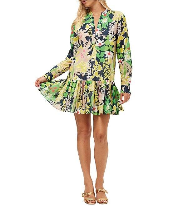 Trina Turk Championship Painted Cotton Split V-Neck Long Sleeve Dress Product Image