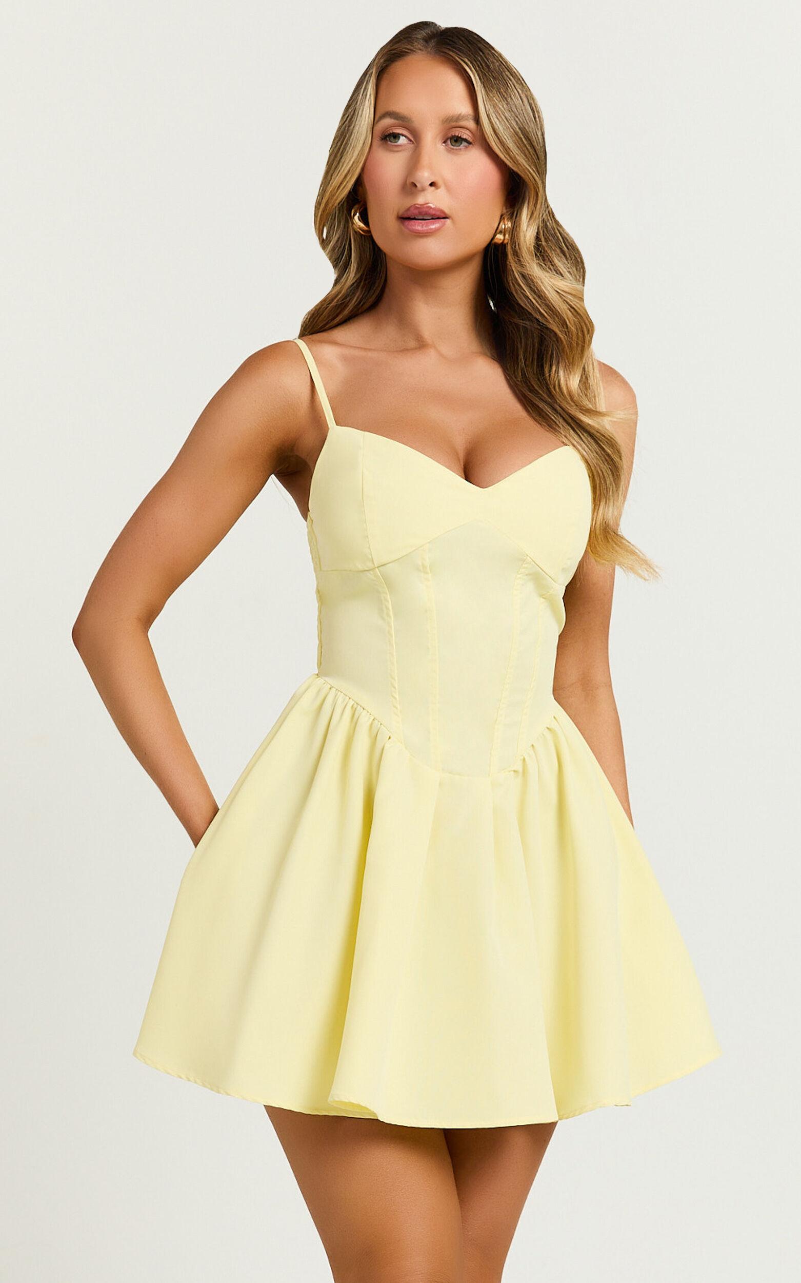 Delaila Mini Dress - Strappy Sweetheart Fit and Flare Dress in Lemon Product Image