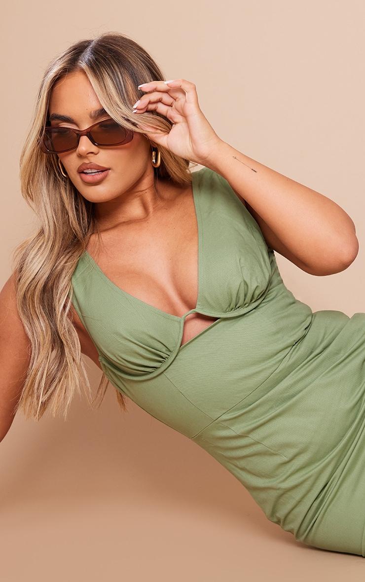 Light Khaki Twill Underbust Plunge Midaxi Dress Product Image