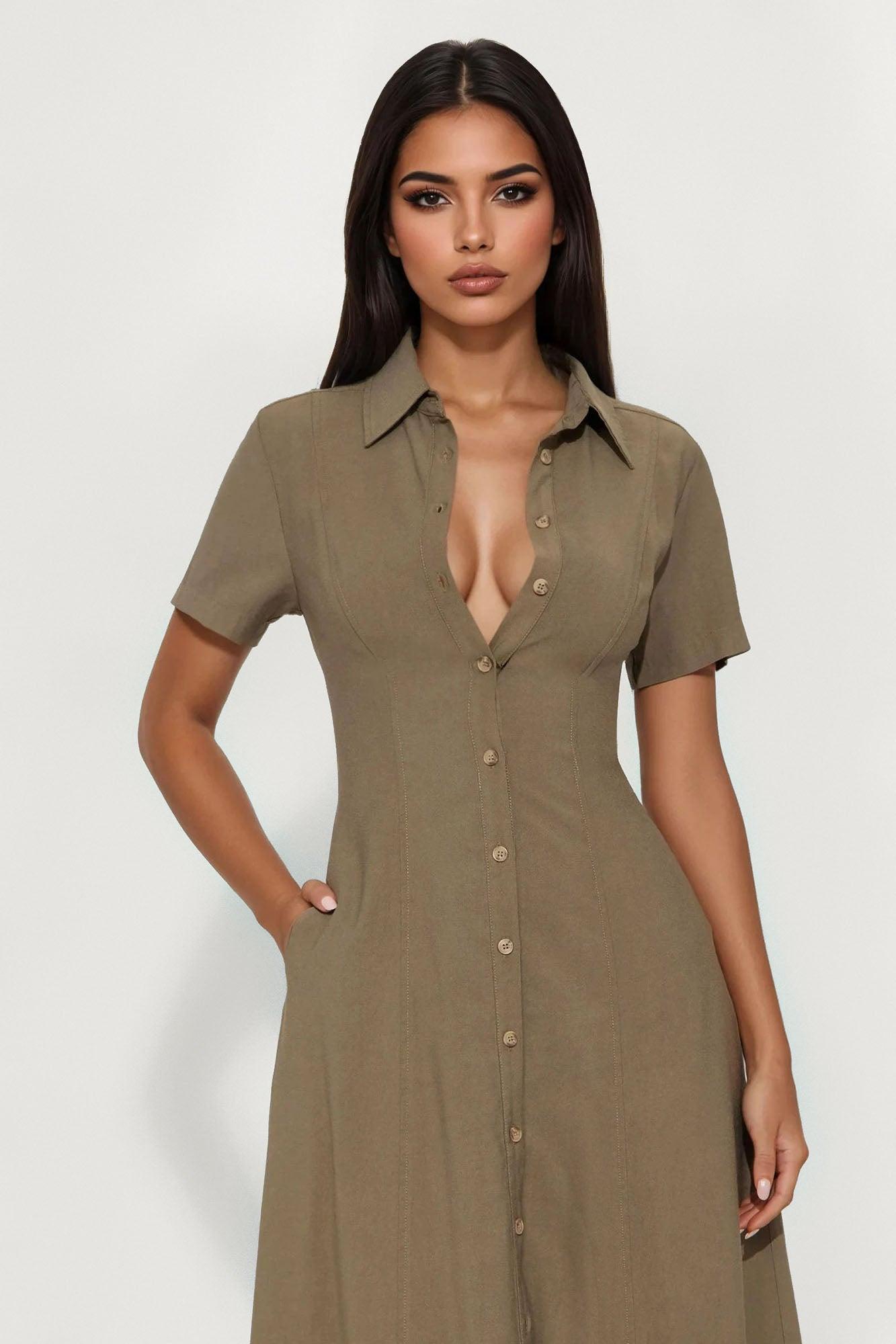 Elsa Woven Shirt Maxi Dress - Olive Female Product Image